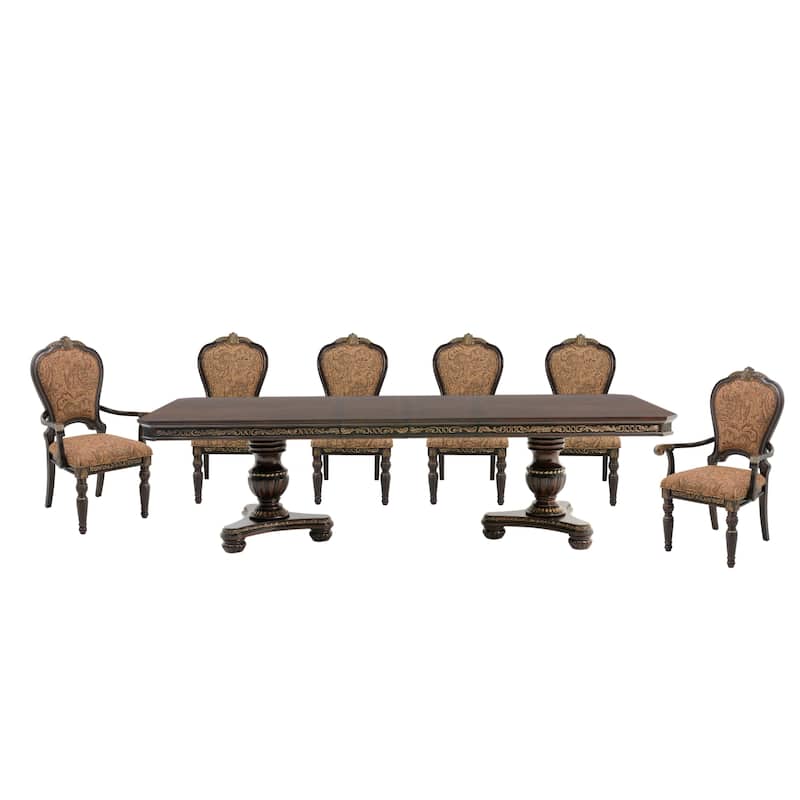 Formal Traditional Dining Set Extendable Table Chairs Cherry Finish with Gold Tipping - 7pc Set