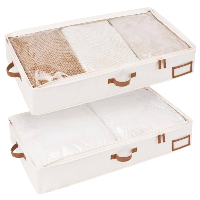Underbed Storage,Fabric Organizers with Reinforced Handles & Label Holders,2-Pack - Beige - Large