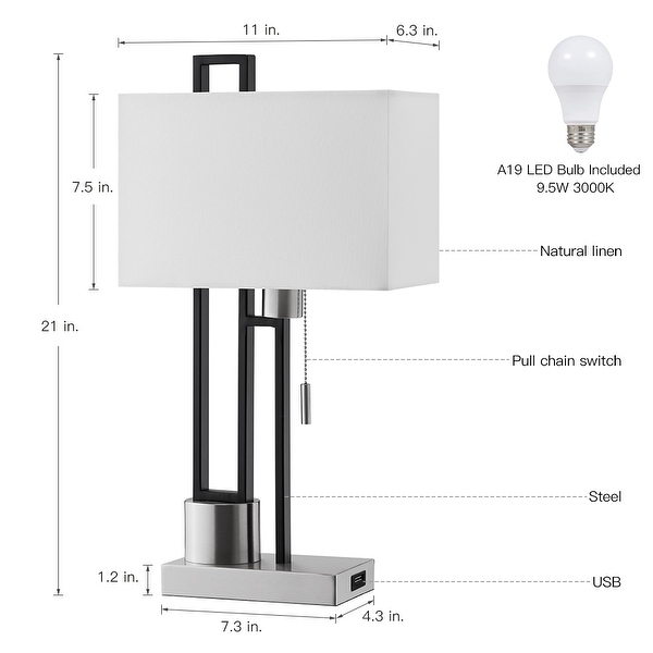 True Fine Matte Black Brushed Nickel Table Lamp with USB Port and White Linen Shade 9.5W LED Bulb Included 21 H