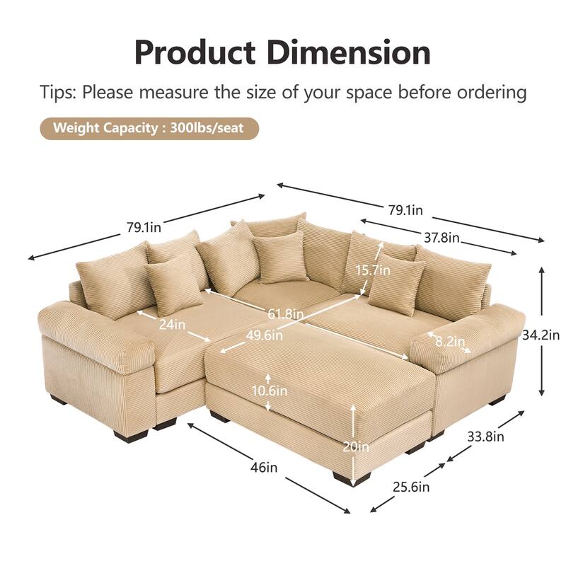 GDFStudio - Corduroy 3-Seater 79.1" Cloud Modular Sectional Couch with Ottoman