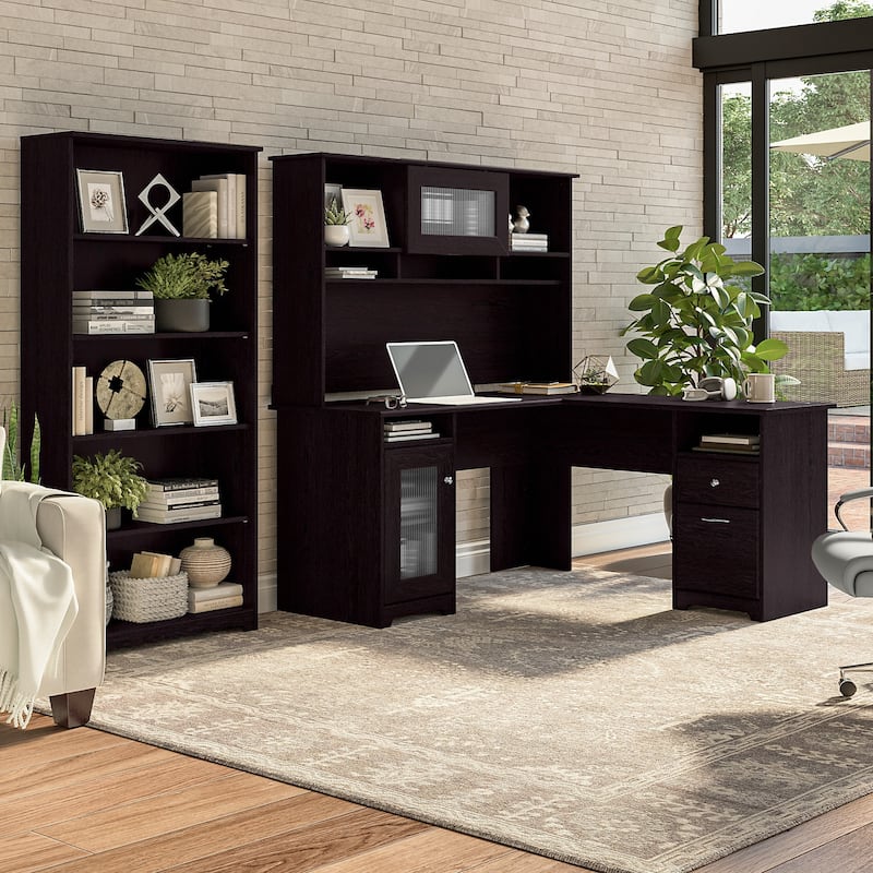 Cabot 60W L-Desk with Hutch and 5 Shelf Bookcase by Bush Furniture - Espresso Oak