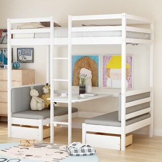 Twin Solid Wood Loft Bed with Convertible Desk, Drawer, Guardrails, Cushions