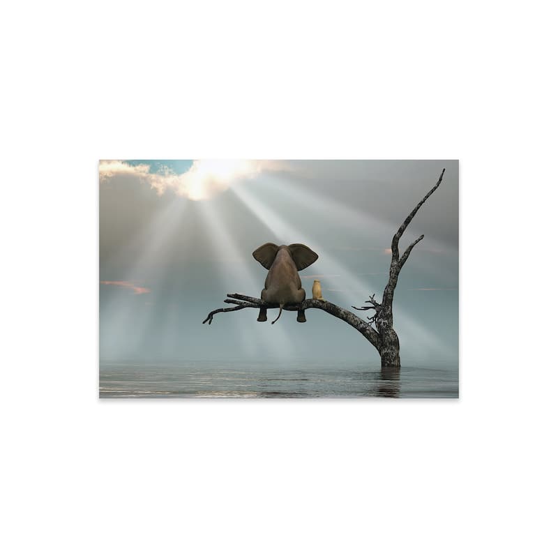Elephant And Dog Are Sitting On A Tree Fleeing A Flood Print On Acrylic Glass by Mike Kiev - 16x24x0.25