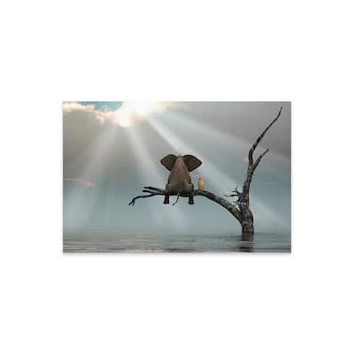 Elephant And Dog Are Sitting On A Tree Fleeing A Flood Print On Acrylic Glass by Mike Kiev
