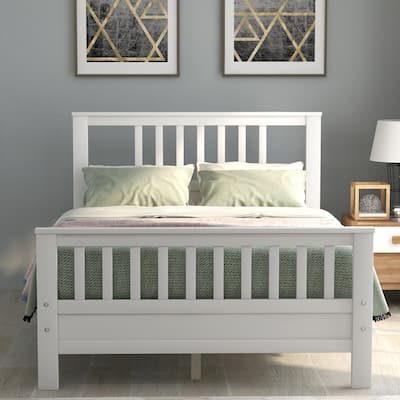 White Wood Platform Full Bed with Headboard and Footboard
