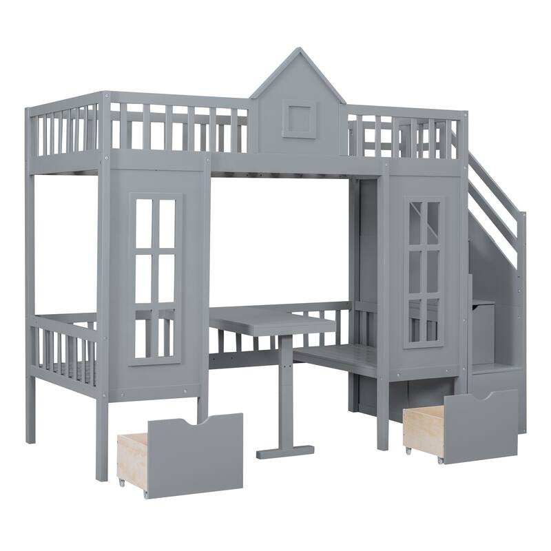 Full Size Wooden Loft Bunk Bed with Table, Seats, and Storage Shelves