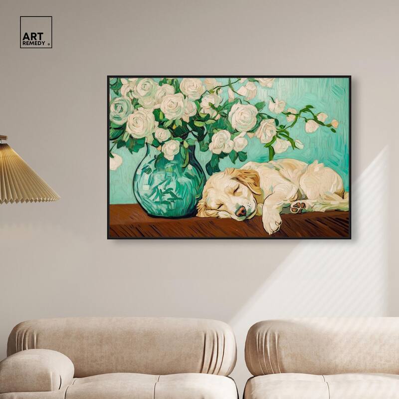 Rose Vase Puppy Canvas by Art Remedy