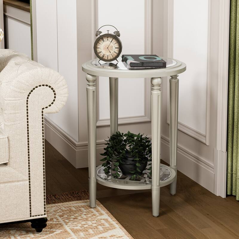 SUNBURY Solid Wood Tempered Glass Side Table with Storage Shelf