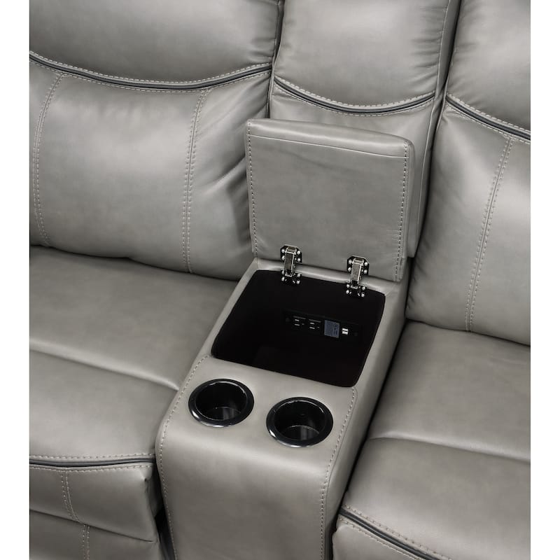 Max 80 Inch Dual Manual Recliner Loveseat, Cupholders, Gray Faux Leather