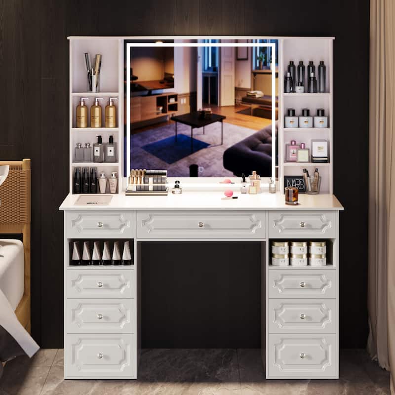 White/ Black Makeup Vanity with Lighted Mirror,Extra Large Vanity Desk with 9 Drawers,European Style Vanities