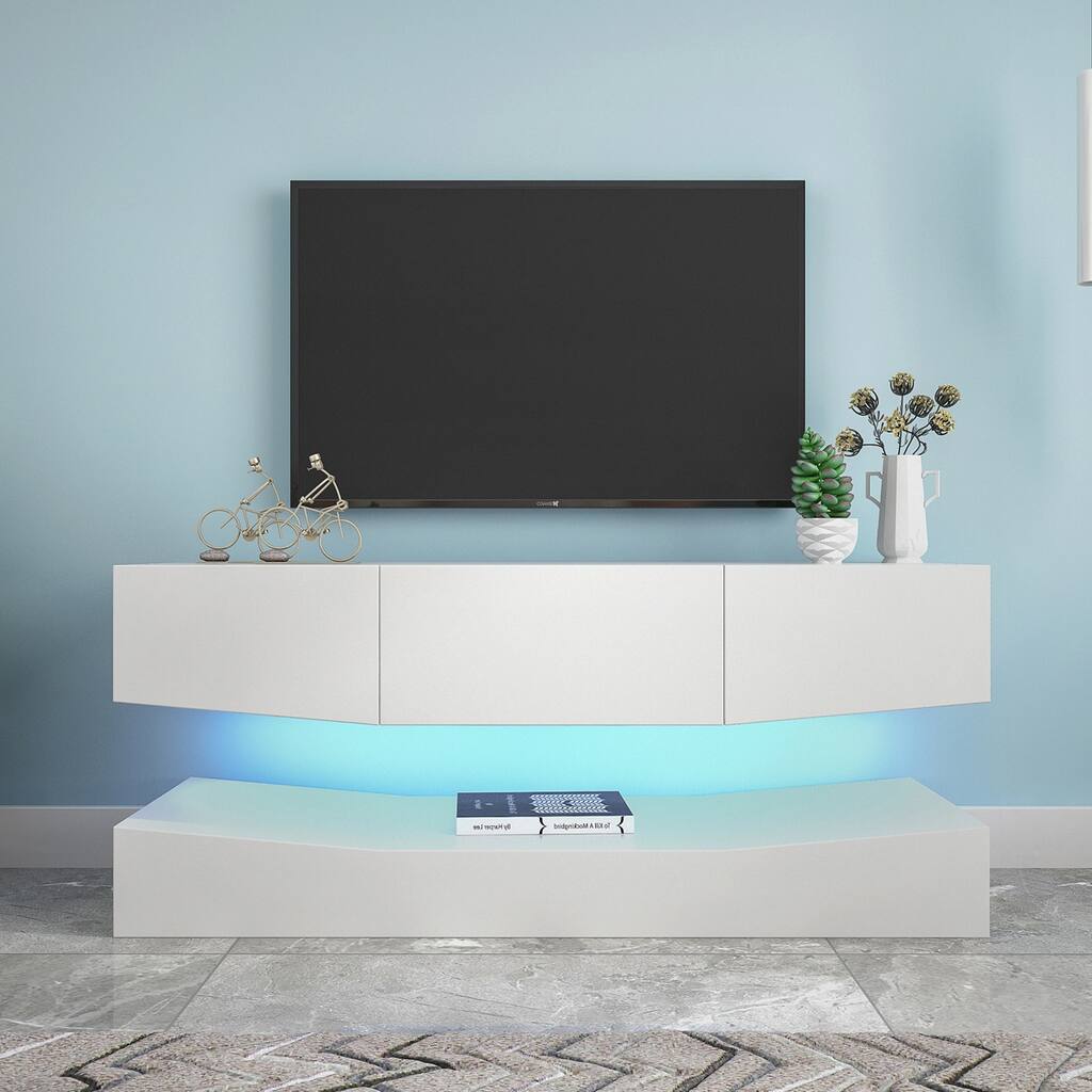 47 inch Modern Entertainment Center with LED Lights, Media Console TV Stand with 3 Big Drawers and Lower Bottom Floor Stage