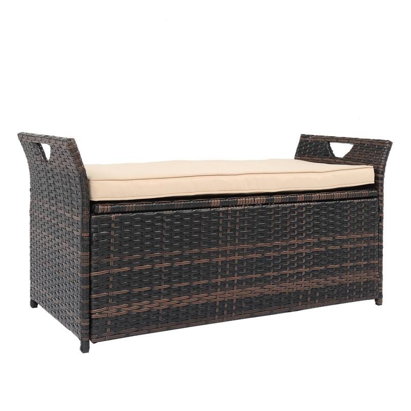 33 Gal. Patio PE Wicker Storage Bench with Cushion - Brown