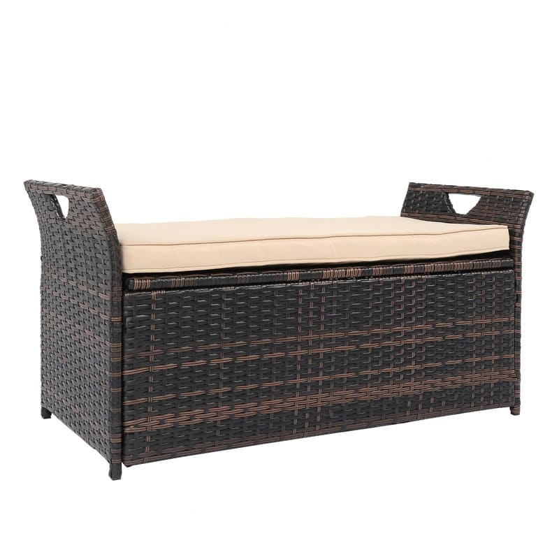 Patio Garden Brown PE Rattan Wicker Storage Bench with Cushion - Brown