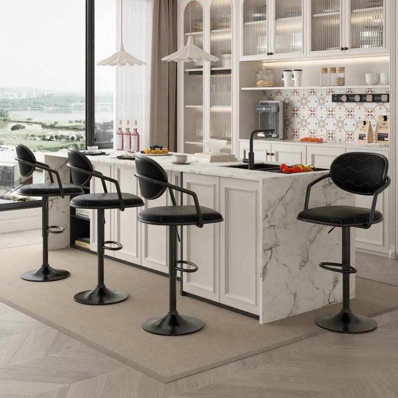 Swivel Bar Stool Set PU Leather Barstools Height Adjustable Counter Stools Bar Chairs For Home Bar Kitchen Dining Room - Set of 4 - Black