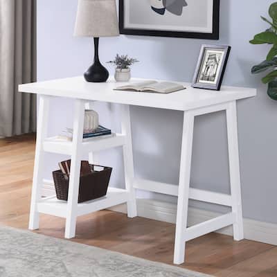 Simple and Modern Wooden Writing Desk, Computer Desks with 2 Open Storage Shelf, White