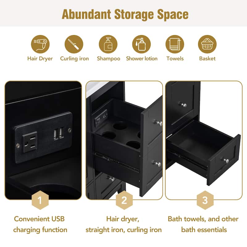 36 Inch Modern Bathroom Vanity with USB Charging, Two Doors and Three Drawers Bathroom Storage Vanity Cabinet