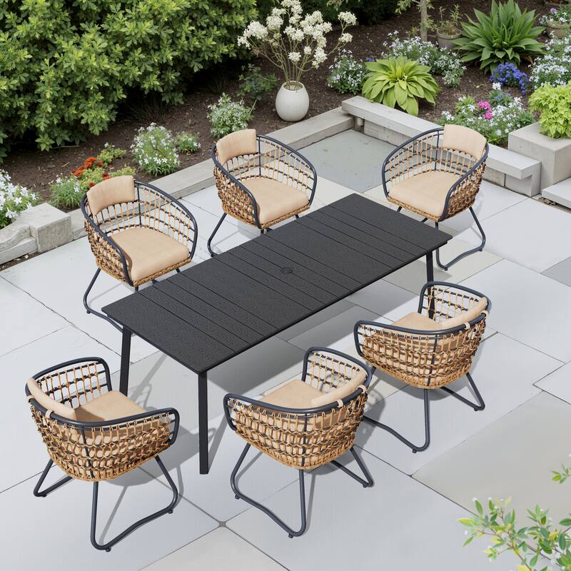 7PC Outdoor Patio Dining Set With Umbrella Hole Table Rattan Chairs - Black-Table&Beige-Chairs