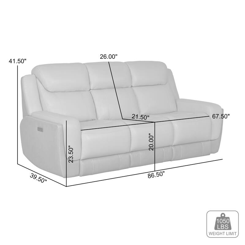 Rosalyn 87" Zero Gravity Silver and Gray Leather Power Reclining Sofa with Dropdown Console