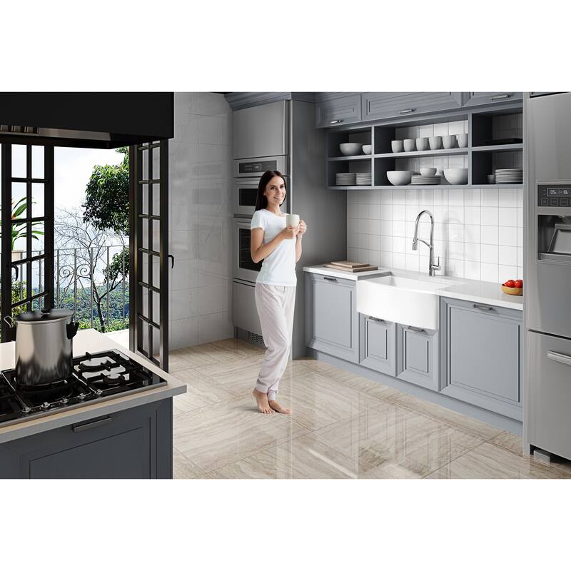 ANZZI Mesa Matte White Solid Surface Farmhouse 33 in. Single Bowl Kitchen Sink with Strainer