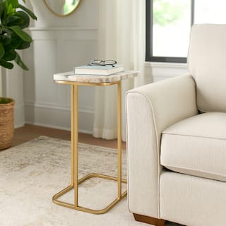 Modern Small Accent Table -Stone Top and Iron Base - 24", Gold & White - 24.0"
