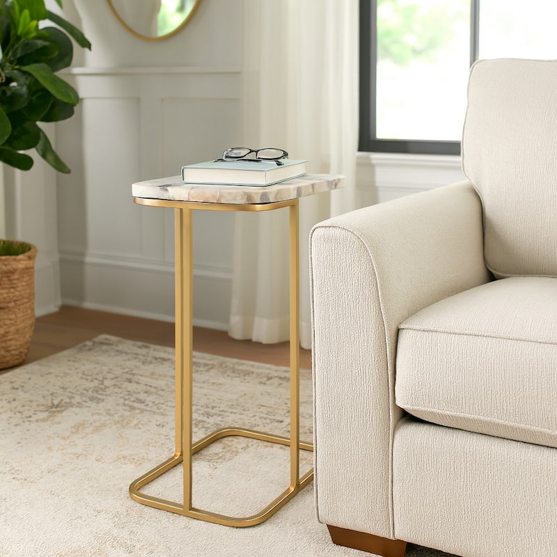 Modern Small Accent Table -Stone Top and Iron Base - 24", Gold & White - 24.0" - Marble - 24.0" - White/ Gold