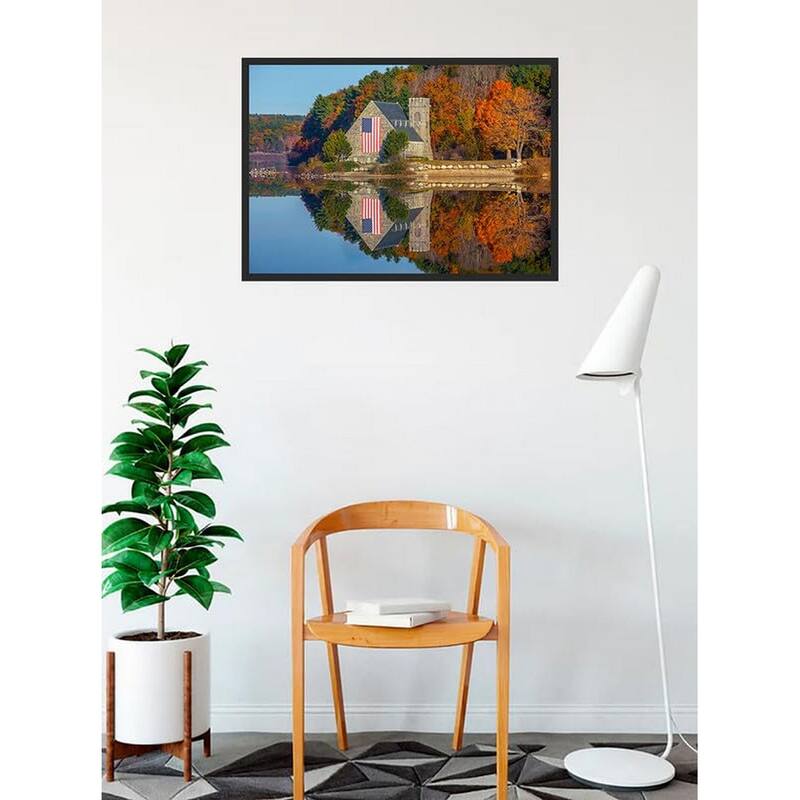 Patriotic Stone Church in The Fall Photography by Wayne Collamore Framed Poster - 24 x 36 Inch