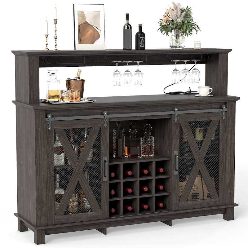 EROMMY Farmhouse Coffee Bar Cabinet with LED Lights, Sliding Barn Door, Wine Racks and Glass Holder, Home Liquor Cabinet