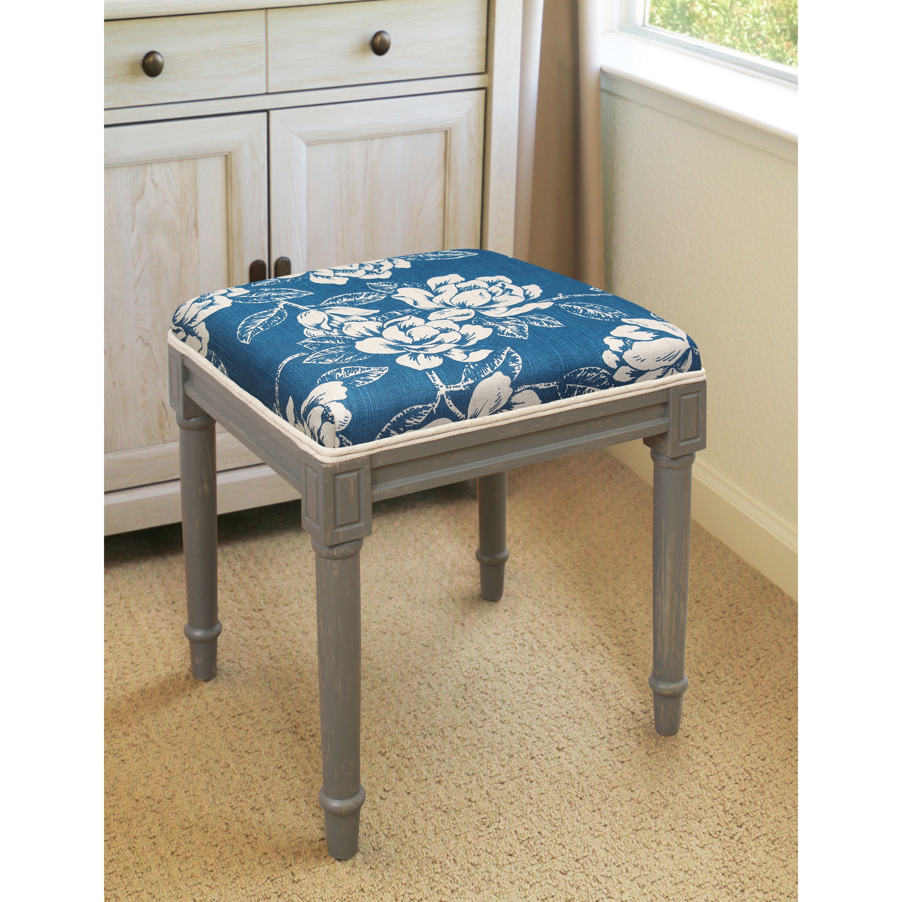 Navy Blue Magnolia Vanity Stool with distressed grey finish