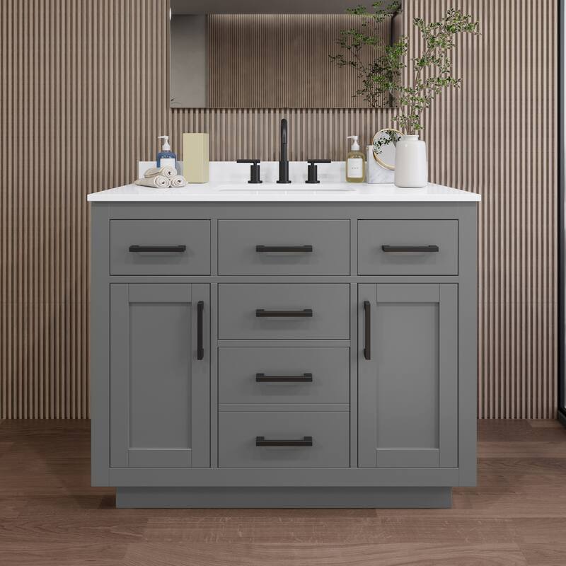 Wyndham Collection WCG262642S-QTZ-US3MXX Beckett TK 42" Free Standing - Dark Gray / White Quartz Top / Matte Black