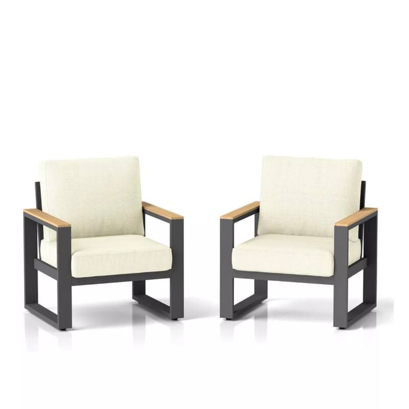 Set of 2 26.6" Aluminum Patio Armchairs with Thick Beige Cushions