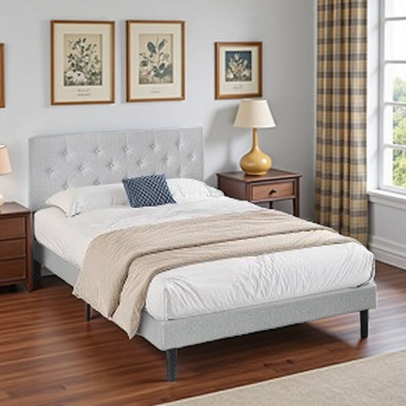 Queen Size Upholstered Platform Bed with Tufted Linen Headboard, Wood Slat Support, Tool-Free Assembly, No Box Spring Required - Queen LIGHT GREY - Queen