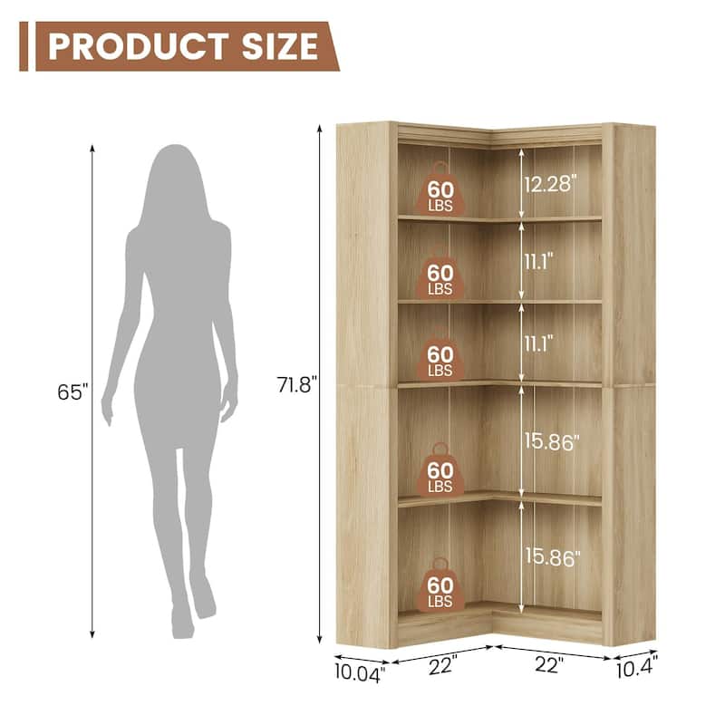 71.8" Tall Corner Bookshelf, 5-Tier L-Shaped Corner Bookcase, Modern Industrial Wood Display Storage Shelves for Living Room