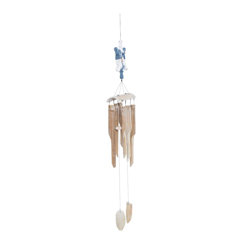 Bamboo Wood Ship Wheel Handmade Windchime with Log Chimes - Blue - Roche River Decor