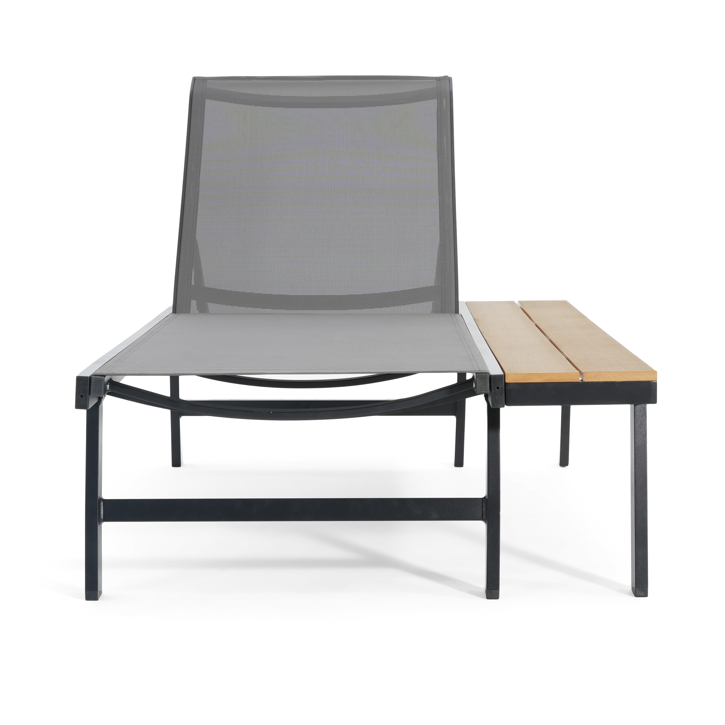 Roomfitters Waterloo Outdoor Aluminum Chaise Lounge with Attached Wood Side Table and Mesh Seat, Black