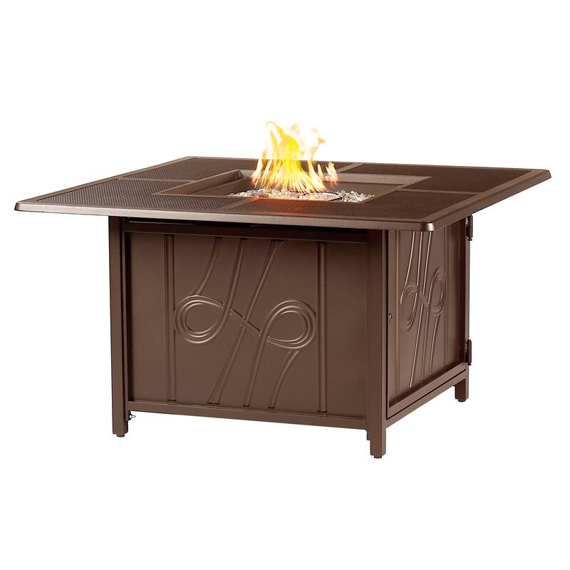 Square 42 in. x 42 in. Aluminum Propane Fire Pit Table with Glass Beads, Two Covers, Lid, 57,000 BTUs - Brown