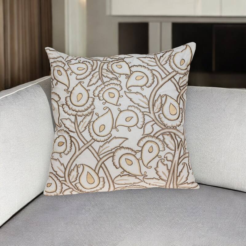 22" Brown and White Cotton Throw Pillow with Embroidery - Polyester - Single - 22.00 in. x 22.00 in. x 6.00 in. - Pillow Sets - White/Brown