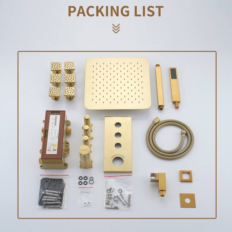 3 Functions 12 Inch Ceiling Mounted Thermostatic Shower System in Brushed Gold