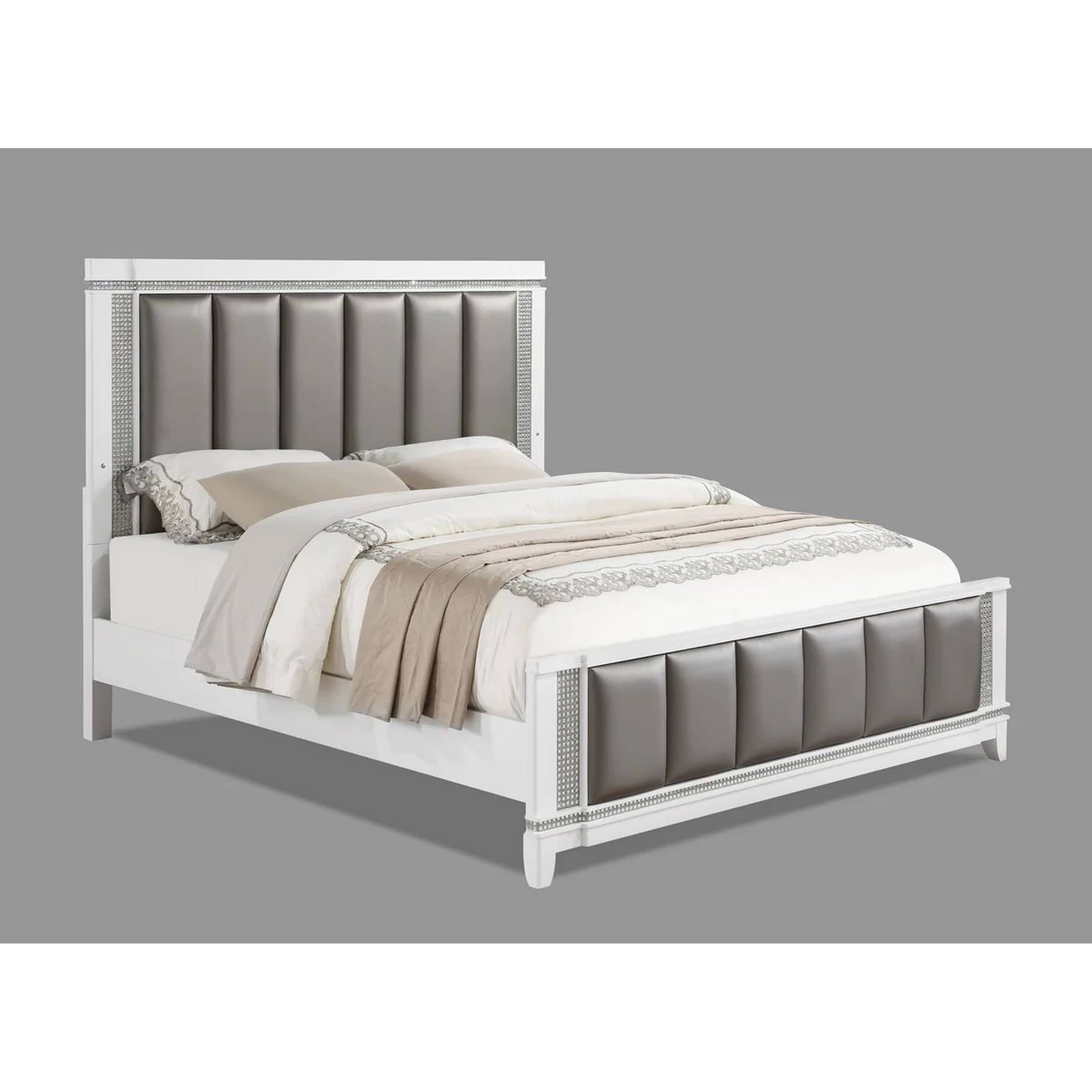 Aerial Queen Size Bed, Solid Wood, Tufted Gray Faux Leather Upholstery