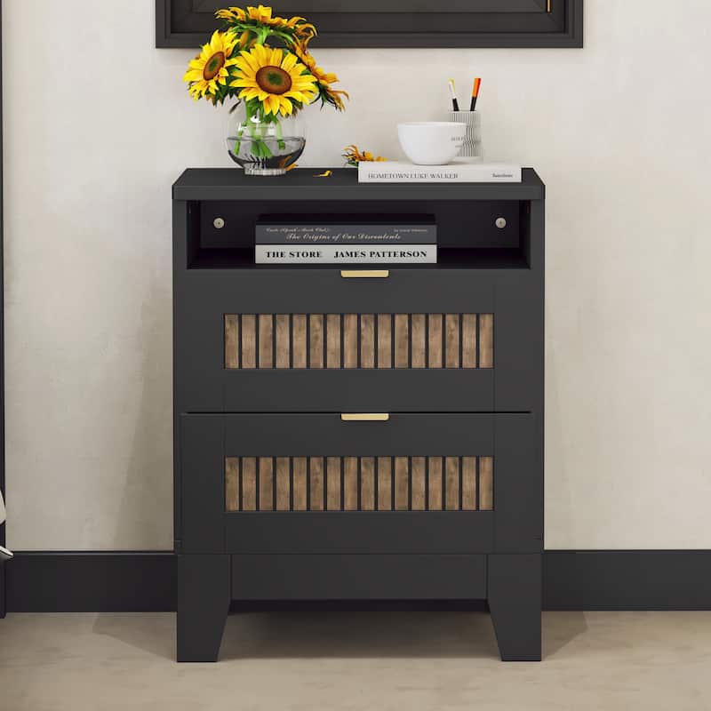 2-Drawer Farmhouse Wooden Nightstand with Wooden Strip Stickers Decoration & Metal Handle, Wood Side Table with Storage Cabinet - Black
