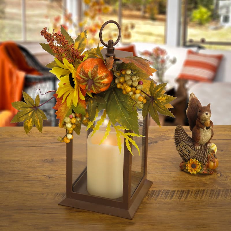 National Tree Company 14 in. Sunflower and Pumpkin Decorated Harvest Lantern - 14 in