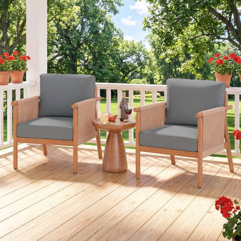 Gymax 4PCS Patio Acacia Wood Chair w/ Woven Rope Armrests & Seat Back