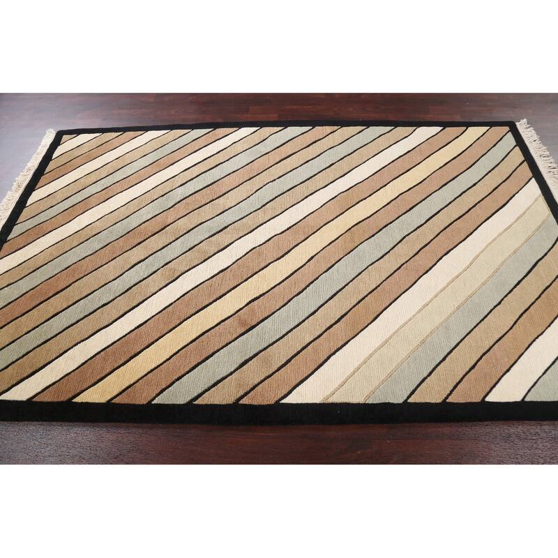 Vegetable Dye Modern Striped Nepalese Oriental Wool Area Rug Handmade - 5'2" x 8'2"