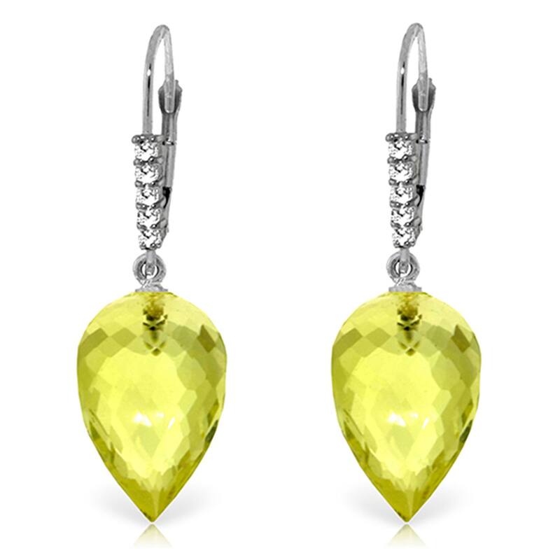 18.15 Carat 14K Solid Gold Drop Lemon Quartz Diamond Earrings - White