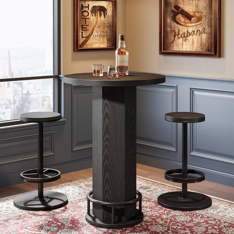 Round Bar Table with Chairs, Industrial Bistro Pub Sets with 2 barstools - 11.42" L x 11.42" W x 25.59" H - Black