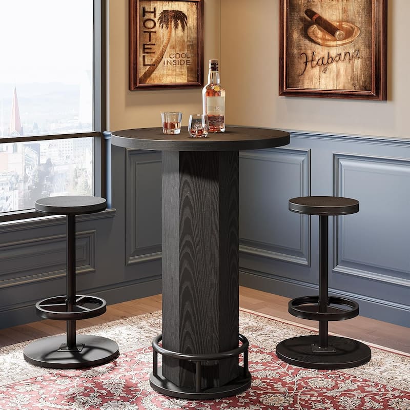 Round Bar Table with Chairs, Industrial Pub Table Bistro Sets with 2 barstools - 11.42" L x 11.42" W x 25.59" H - Black