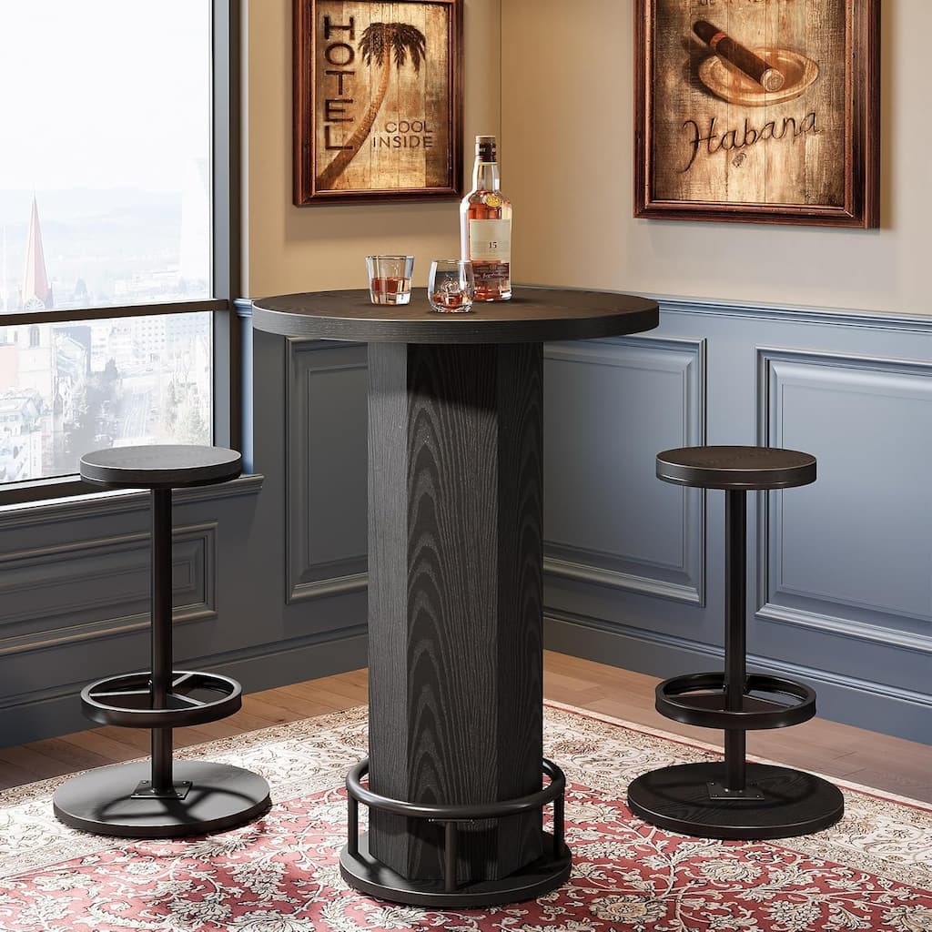 Round Bar Table with Chairs, Industrial Pub Table Bistro Sets with 2 barstools - 11.42" L x 11.42" W x 25.59" H