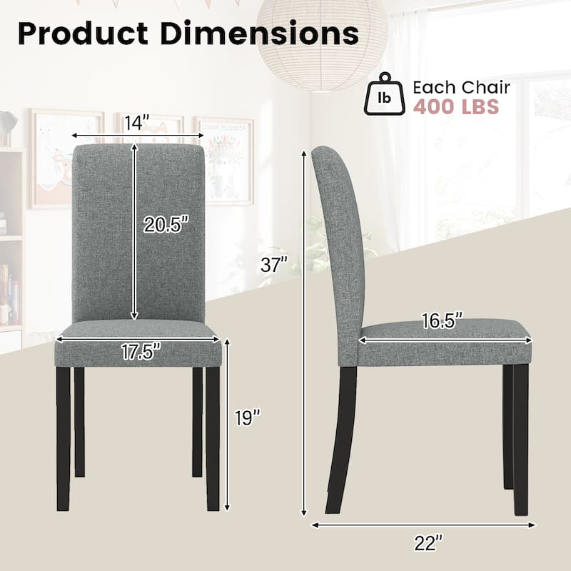 Modern Set of 2 Grey Dining Chair with Black Rubber Wood Frame and Ergonomic High Backrest - 17.5" x 22" x 37"