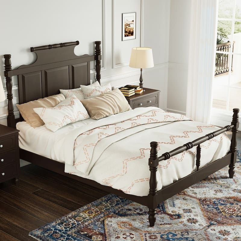 Vintage Country Style Wood Four Poster Platform Bed with High Crown-like Headboard