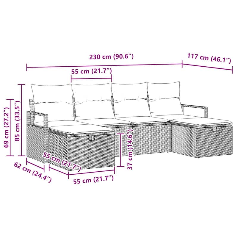 vidaXL 6 Garden Sofa Set with Cushions Black/Brown/Grey Poly Rattan - 90.6 x 46.1 x 27.2