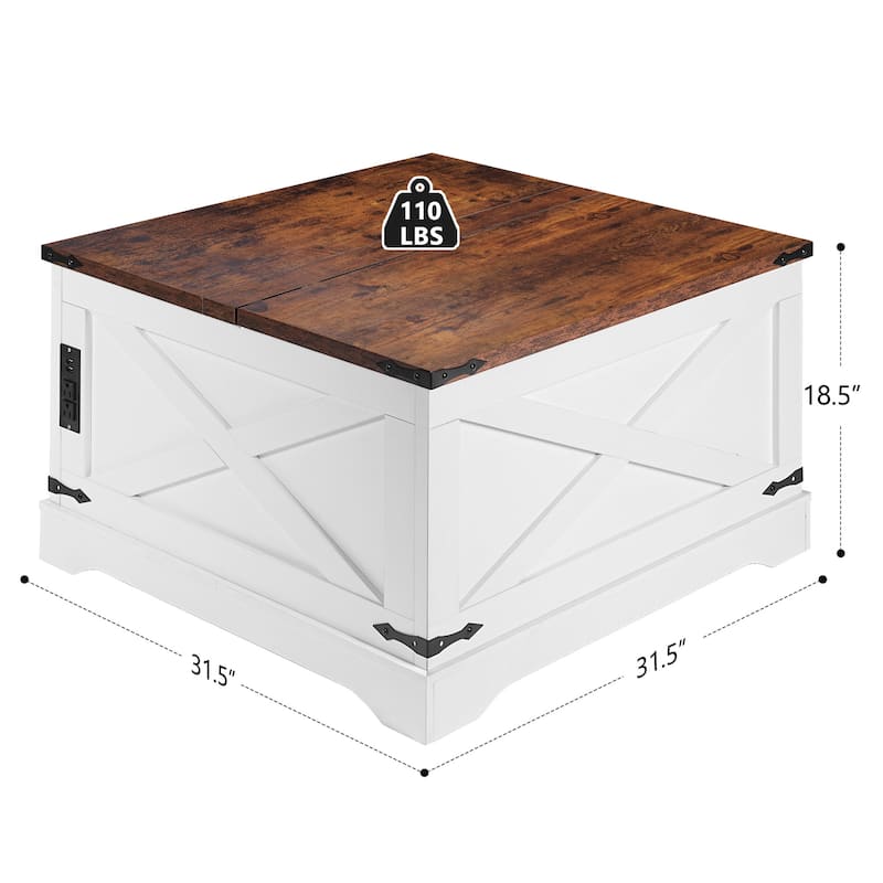 Square Lift-Top Center Table, Coffee Table with Barn Door, Sofa Table with Built-In USB, Dining Table with Power Outlets
